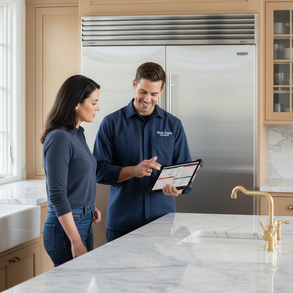 Appliance repair technician consulting with a Greenwood Village homeowner about their Sub-Zero refrigerator